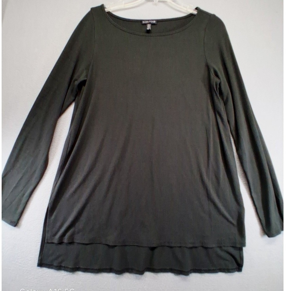 Eileen Fisher Womens Small Petite Olive Green Long‎ Sleeve High Low Tunic Top